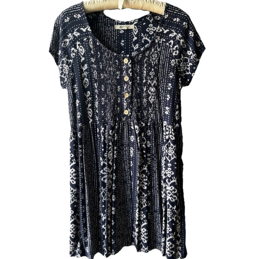 Rip Curl Surf Shack Smocked Mini Dress Women's S Navy‎ & White Babydoll Cowgirl